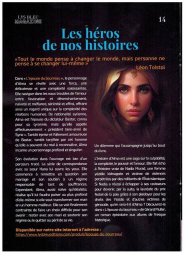 2 pleines pages dans le magazine Le Lys Bleu sur mon roman « L’épouse du bourreau »